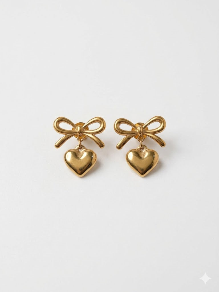 Vintage Gold Heart & Ribbon Earrings