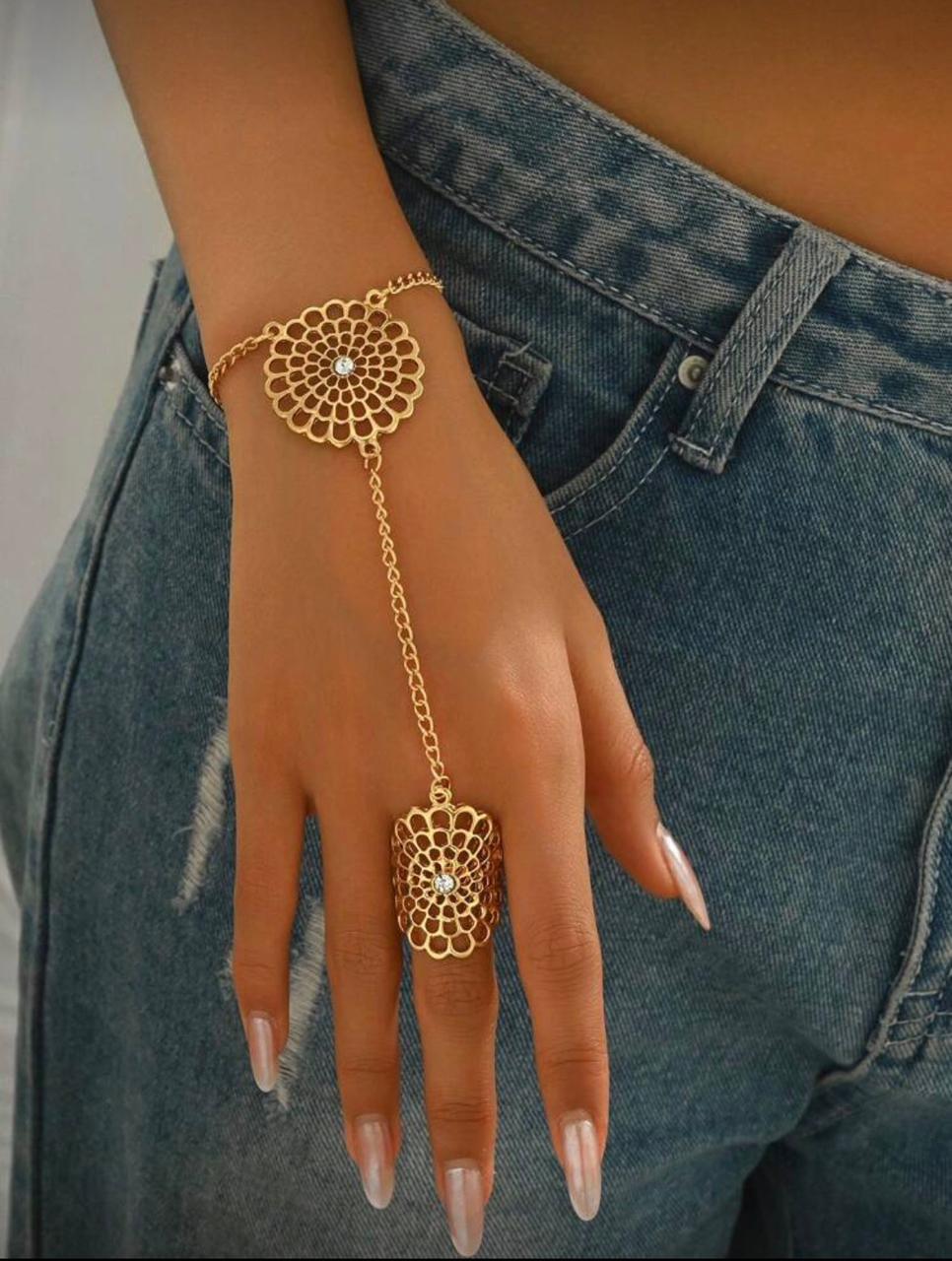 Golden Floral Hand Chain Ring