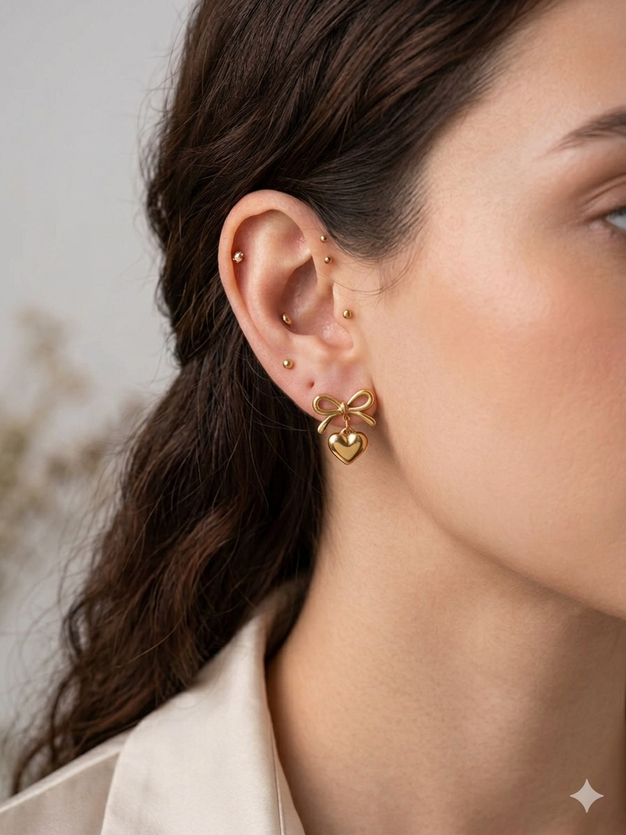 Vintage Gold Heart & Ribbon Earrings