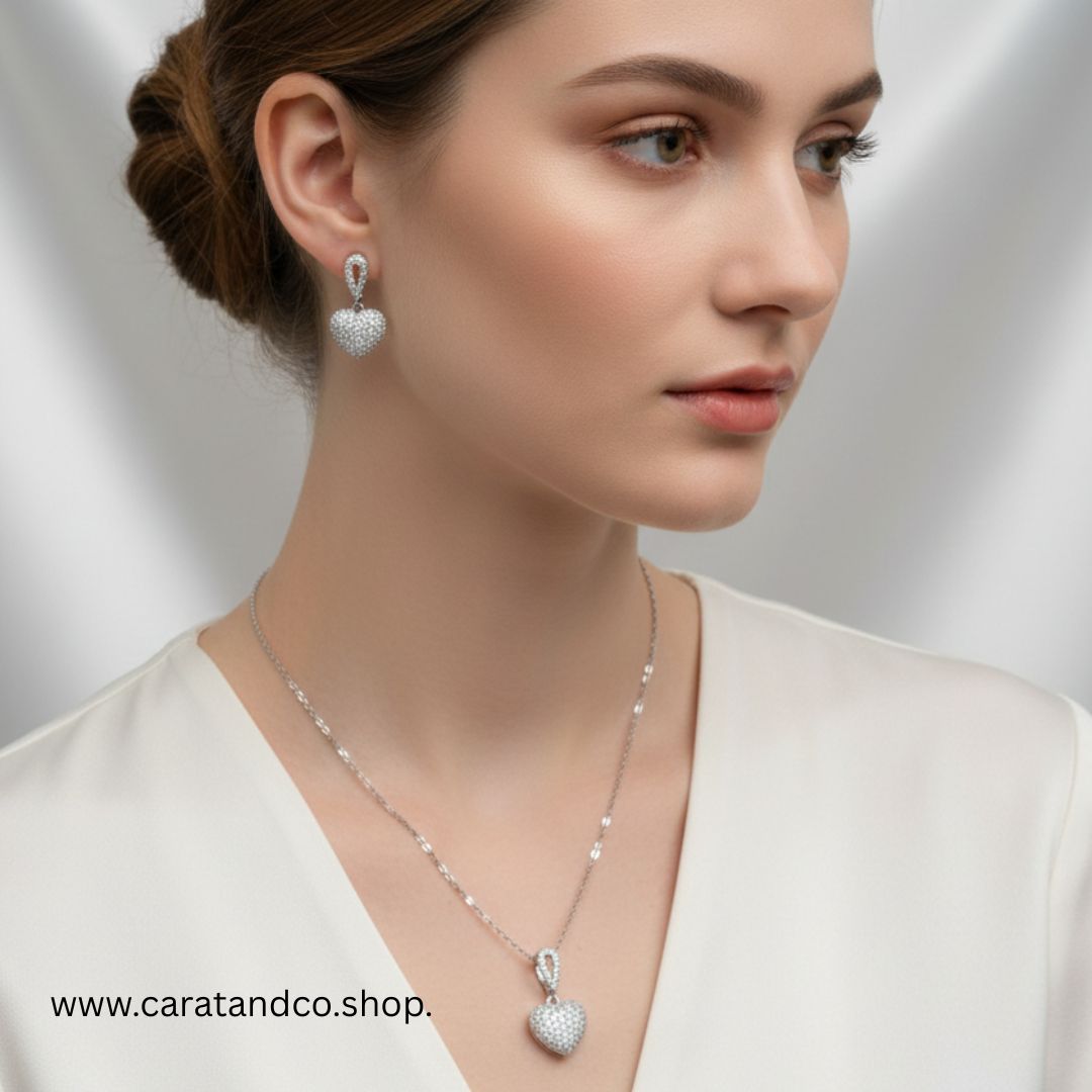 Sparkling Heart Pendant Necklace & Earrings Set