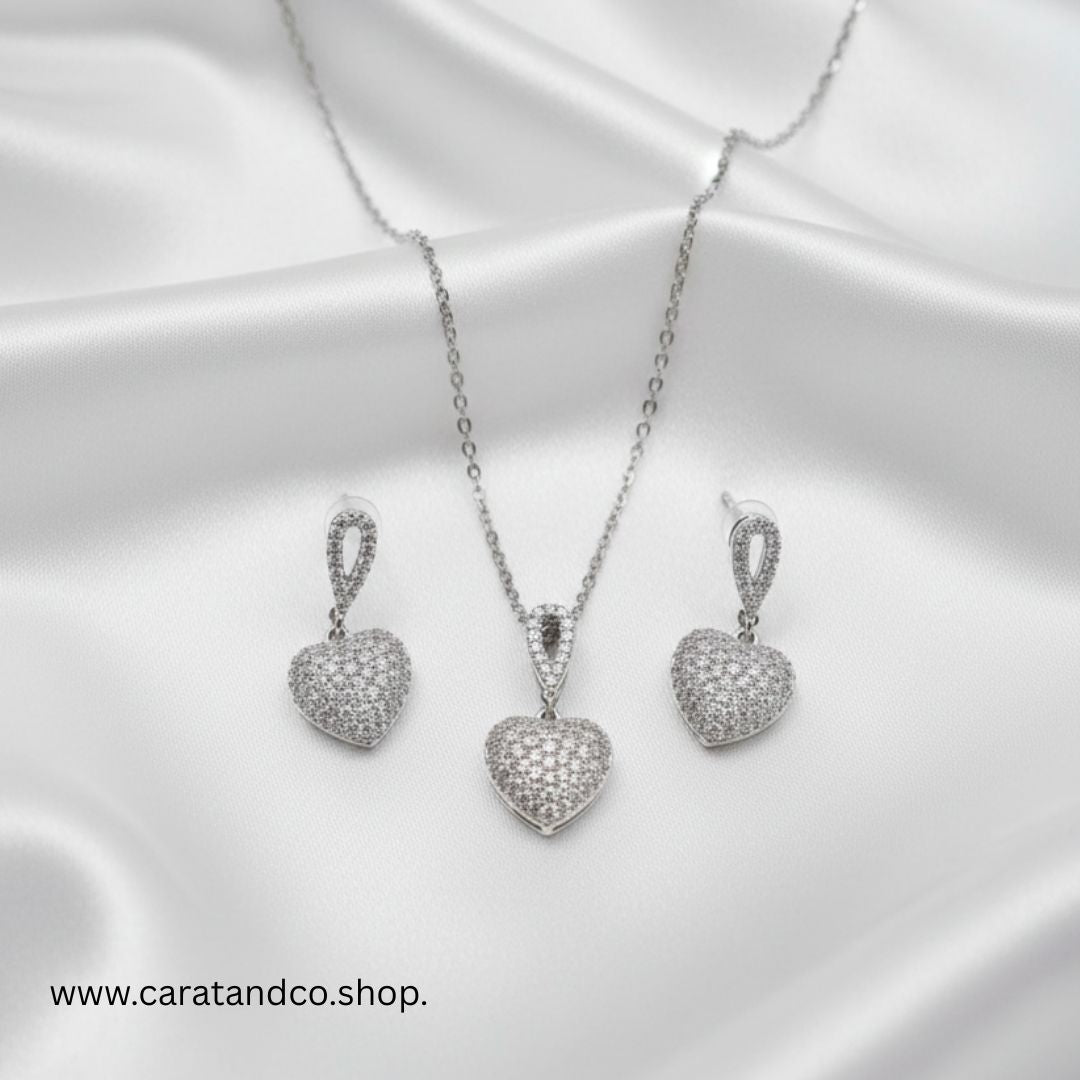 Sparkling Heart Pendant Necklace & Earrings Set