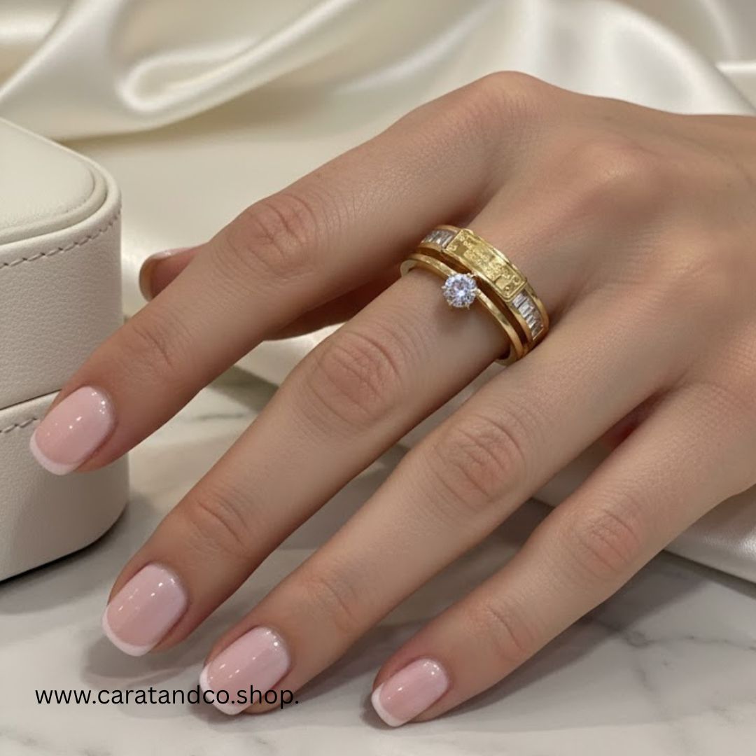 Golden Duo Band Ring with Solitaire Stone