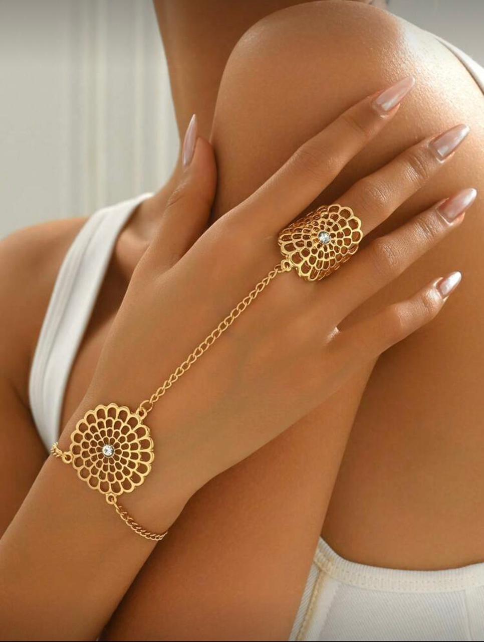 Golden Floral Hand Chain Ring